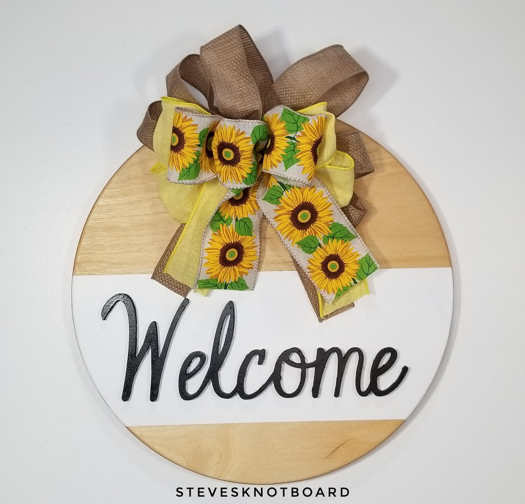 Welcome Sign with Interchangeable Bow (Brown Burlap & Sunflowers Bow)